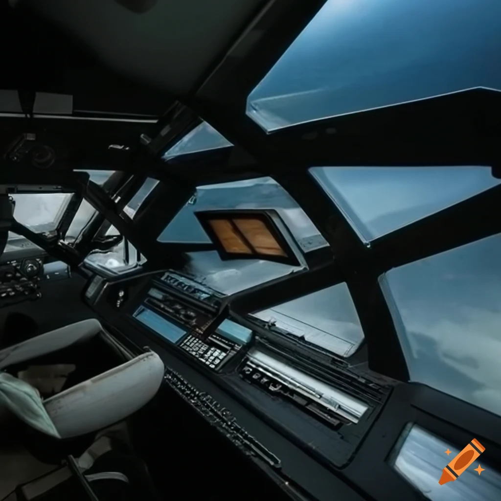 retro-futuristic spaceship cockpit with large canopy glass