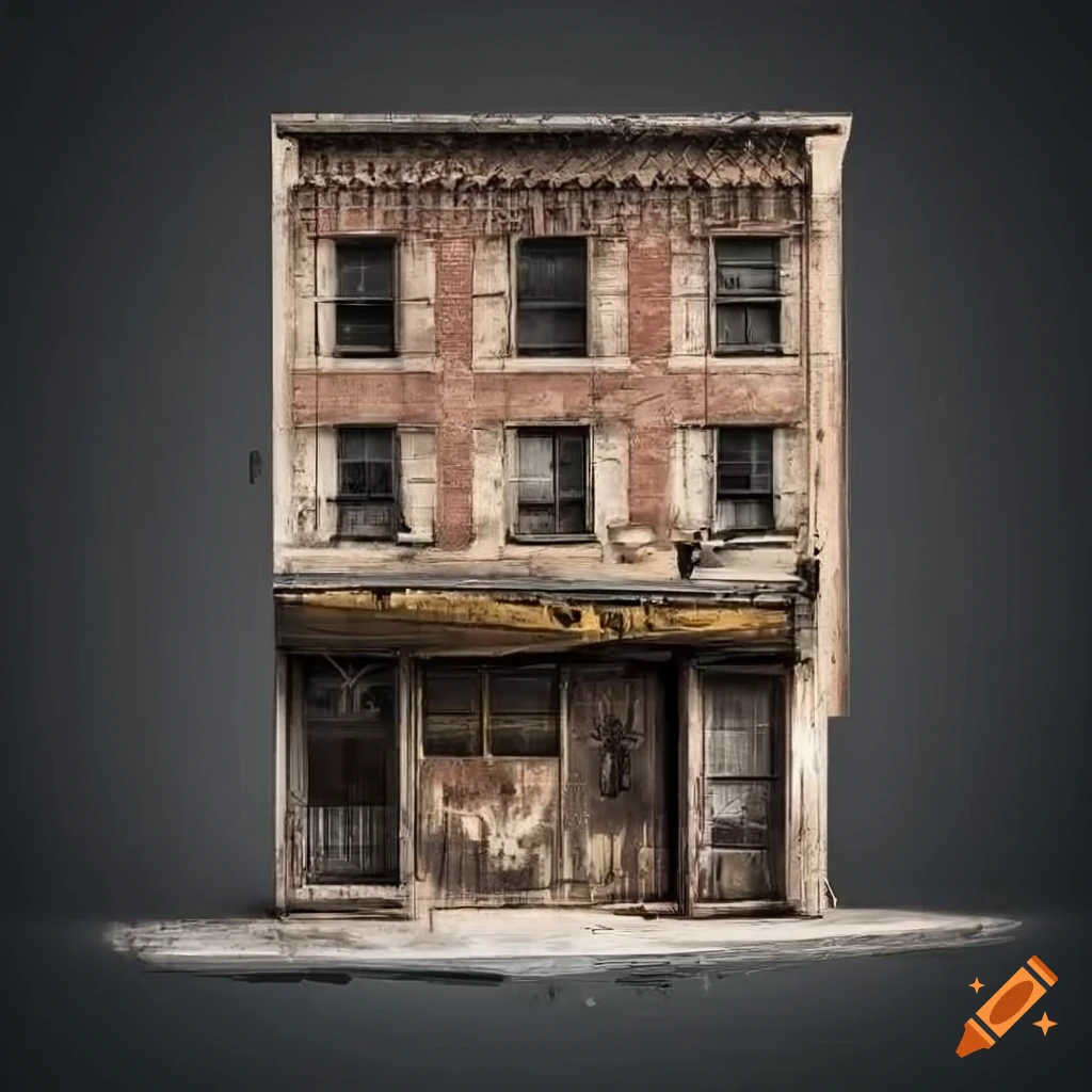 realistic depiction of a weathered storefront in an urban environment