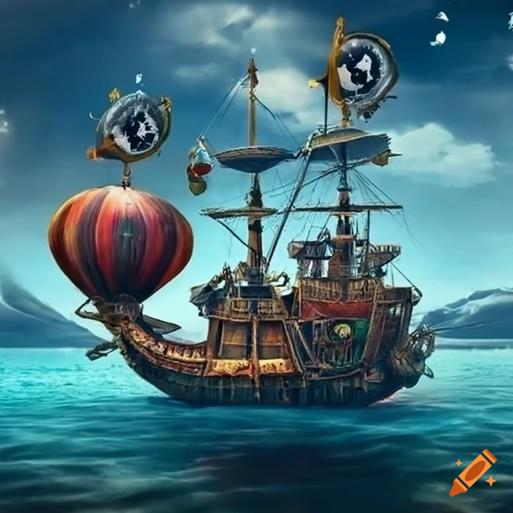 Fantasy pirate ship in the shape of a salamander walking on a plain  terrain, digital artwork on Craiyon