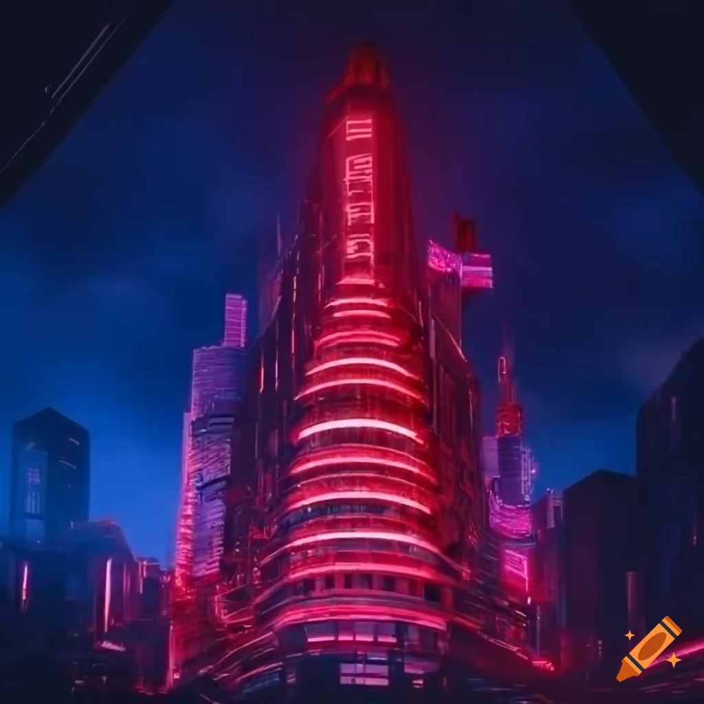 image of a red neon tower in a cyberpunk setting