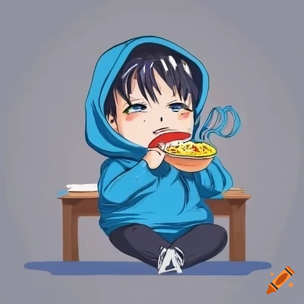 anime boy eating ramen in his bedroom