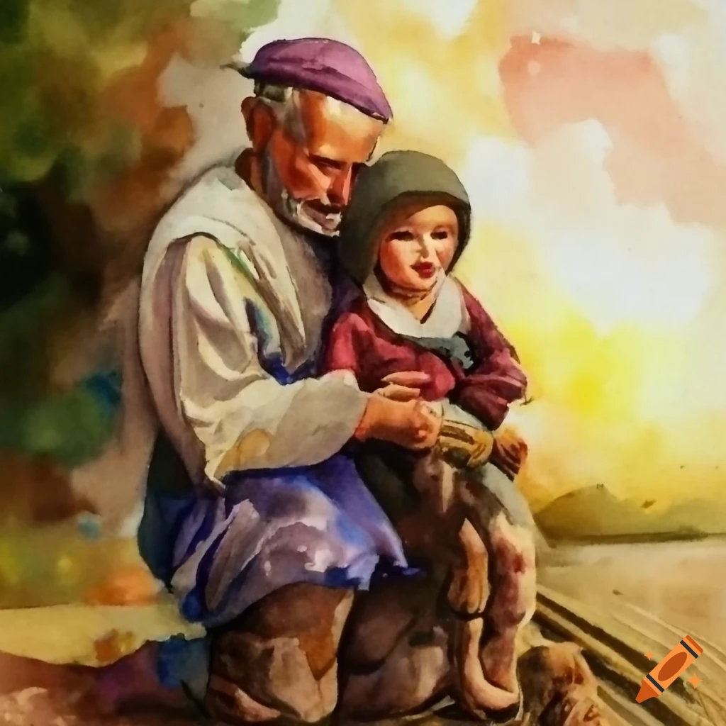 watercolor painting of a shepherd boy being consoled