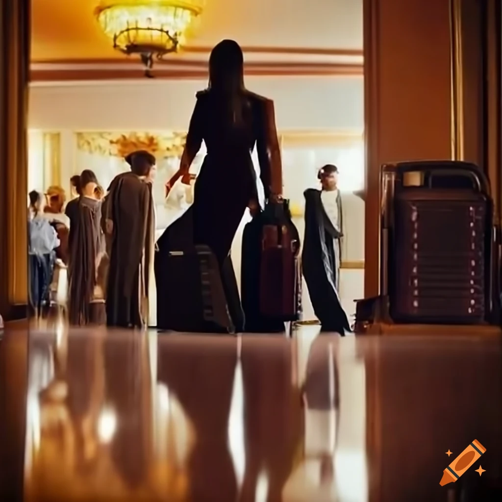 busy hotel reception with customers and suitcases