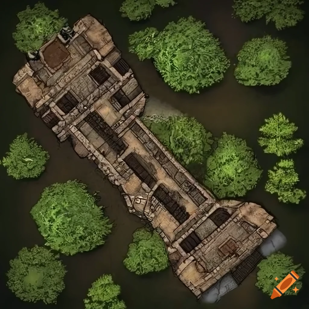 battlemap for tabletop role-playing game with a fort in the forest