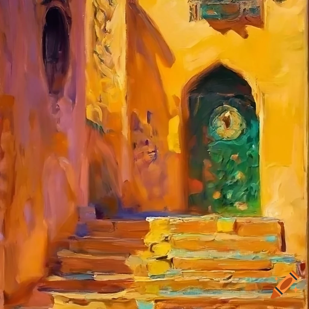 impressionist painting of a quaint Moroccan house with courtyard and flowers