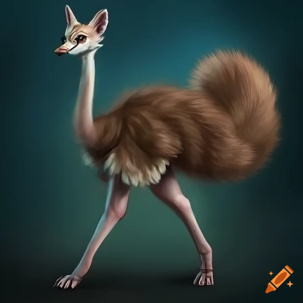 intricate illustration of a white winged ostrich with a fox head