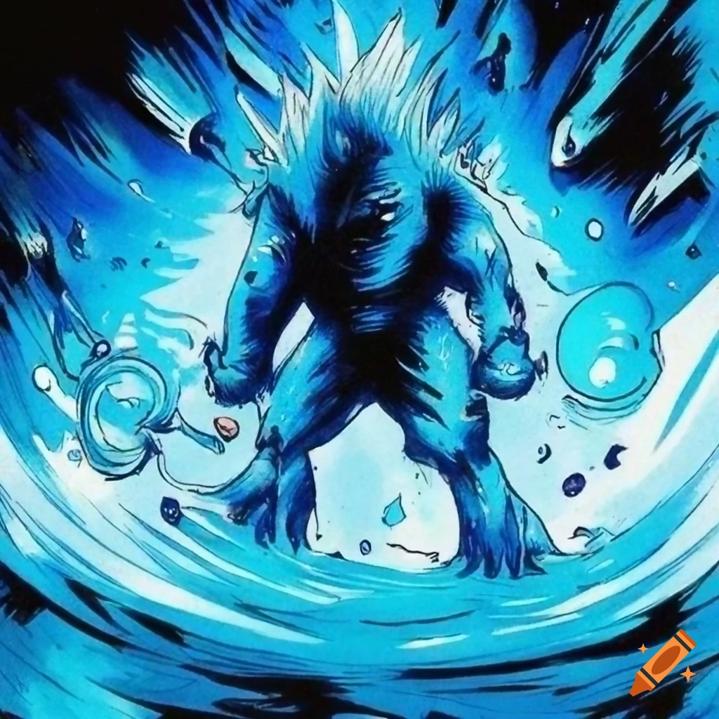 water elemental manga illustration with dramatic lighting