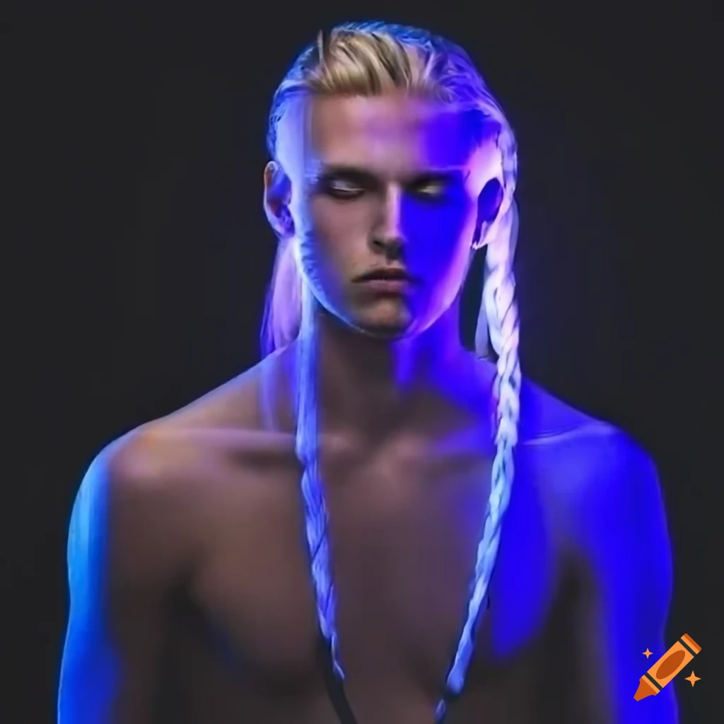 Portrait of a young man with glowing purple eyes and braided hair on ...