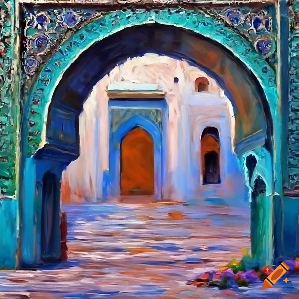 impressionist painting of a quaint Moroccan house with courtyard and flowers