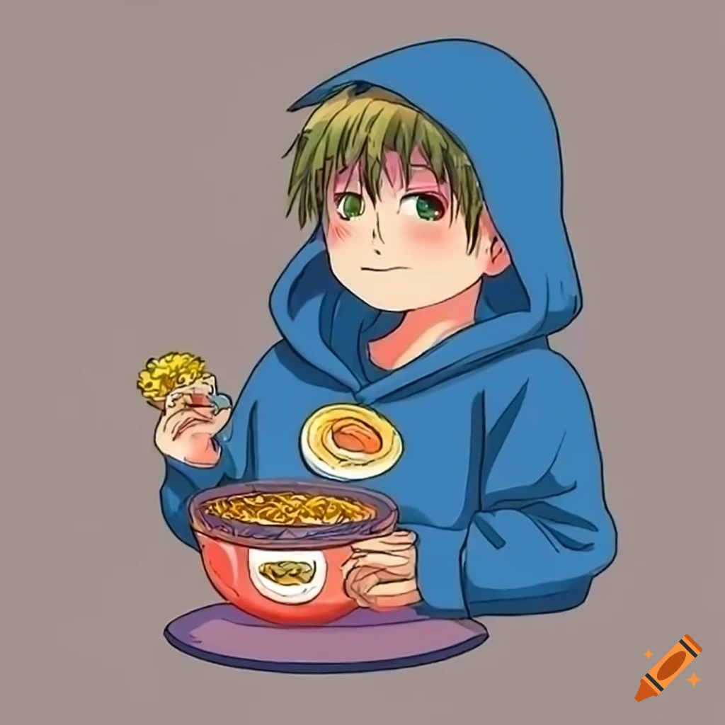 anime boy eating ramen in his bedroom