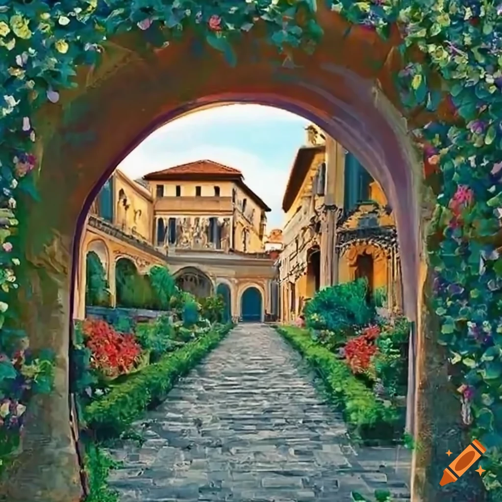 Florentine courtyard with archway and flowers
