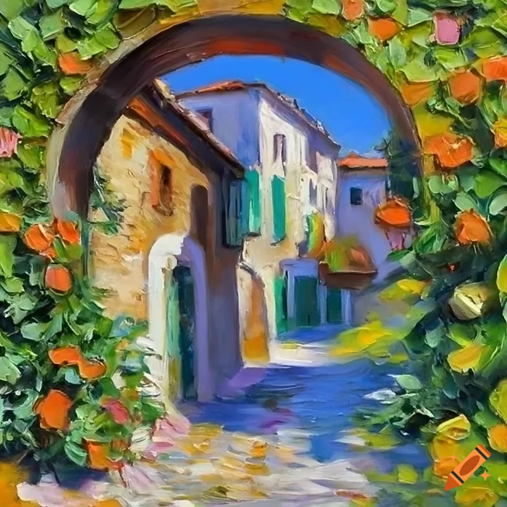 impressionist oil painting of a small Italian house with a courtyard