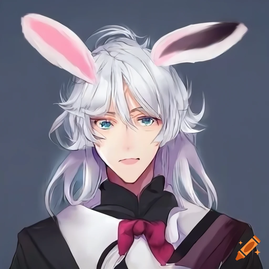 anime illustration of a cute male magician with white hair and rabbit ears