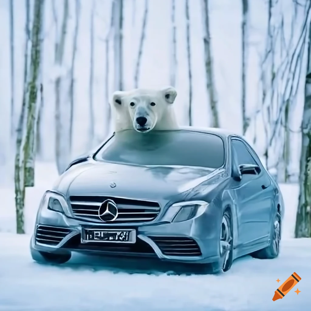 polar bear sitting inside a Mercedes car