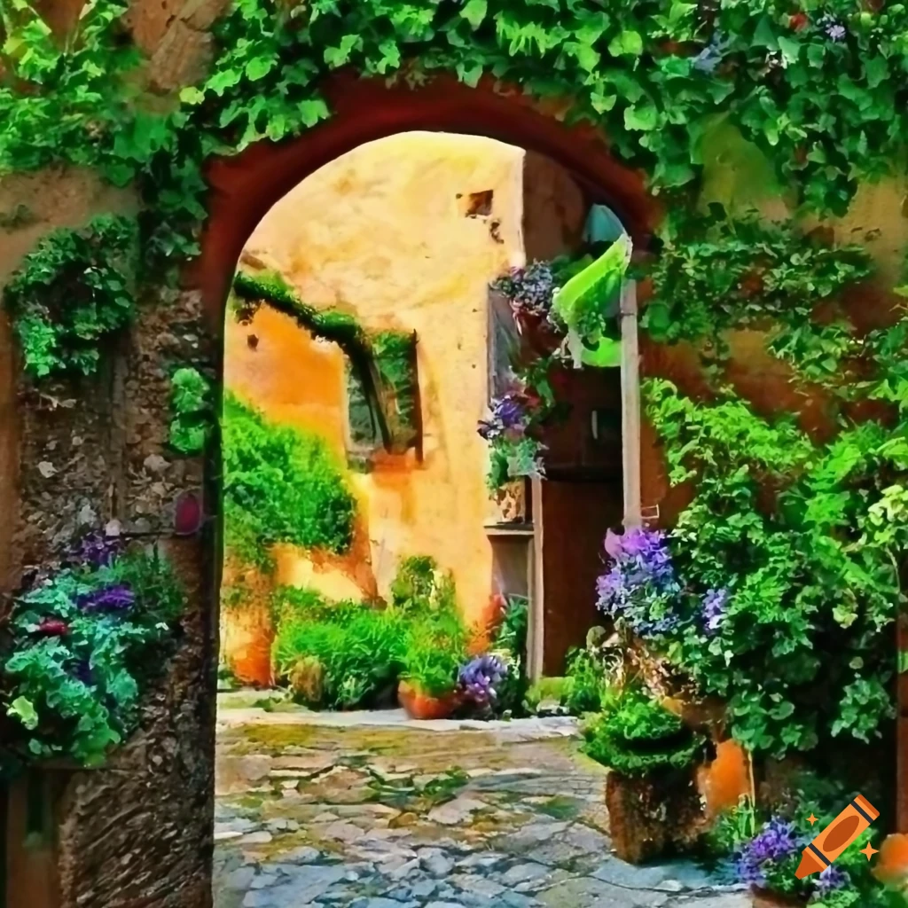 Italian courtyard with flowers and archway
