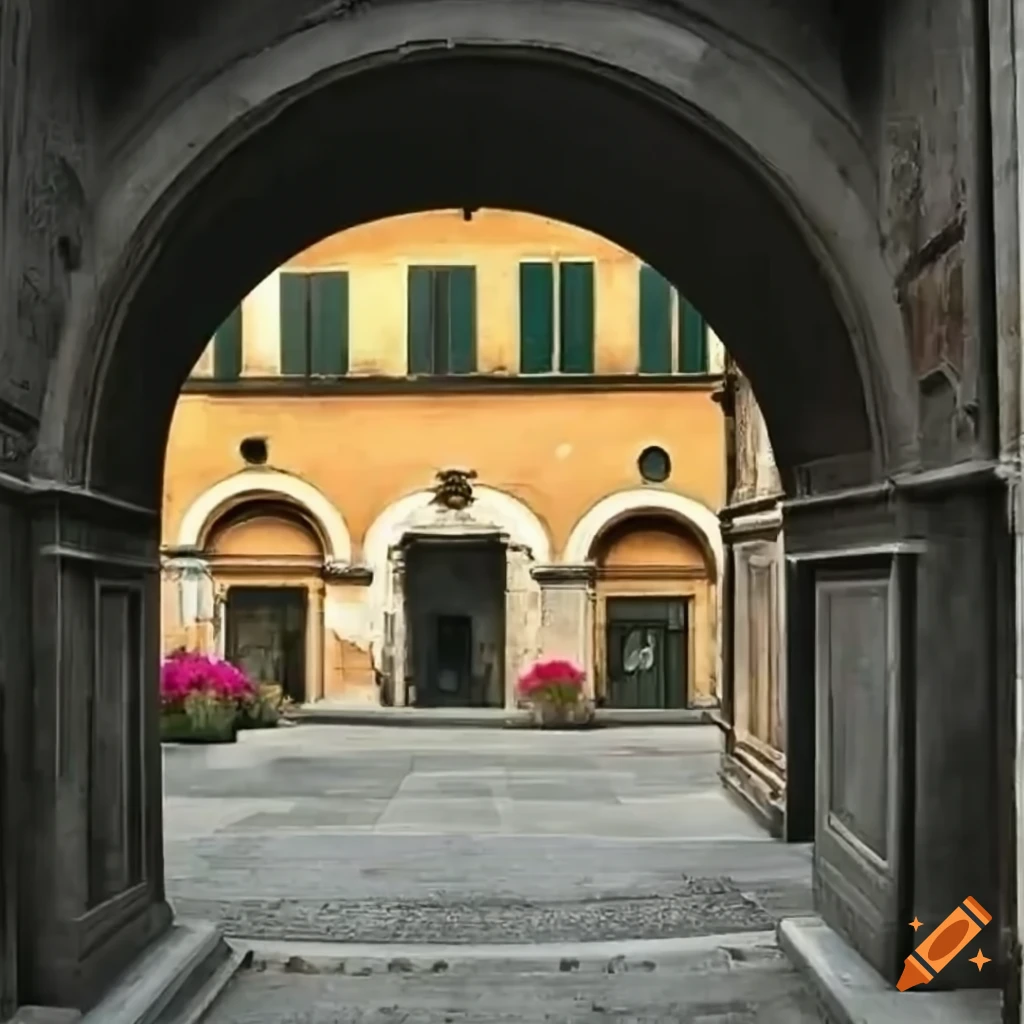 Florentine courtyard with archway and flowers