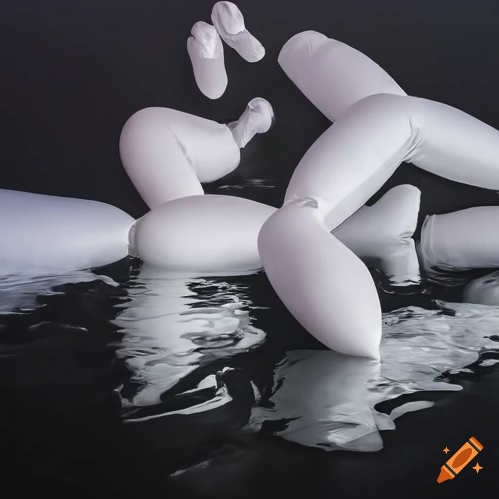inflatable bags floating on black liquid in a gallery