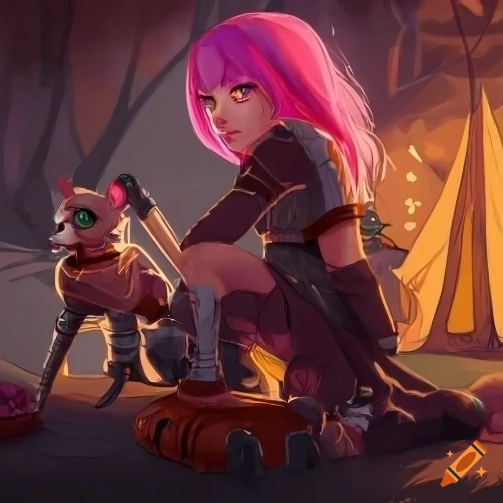 fantasy art of a catgirl tinkering with a robotic dog