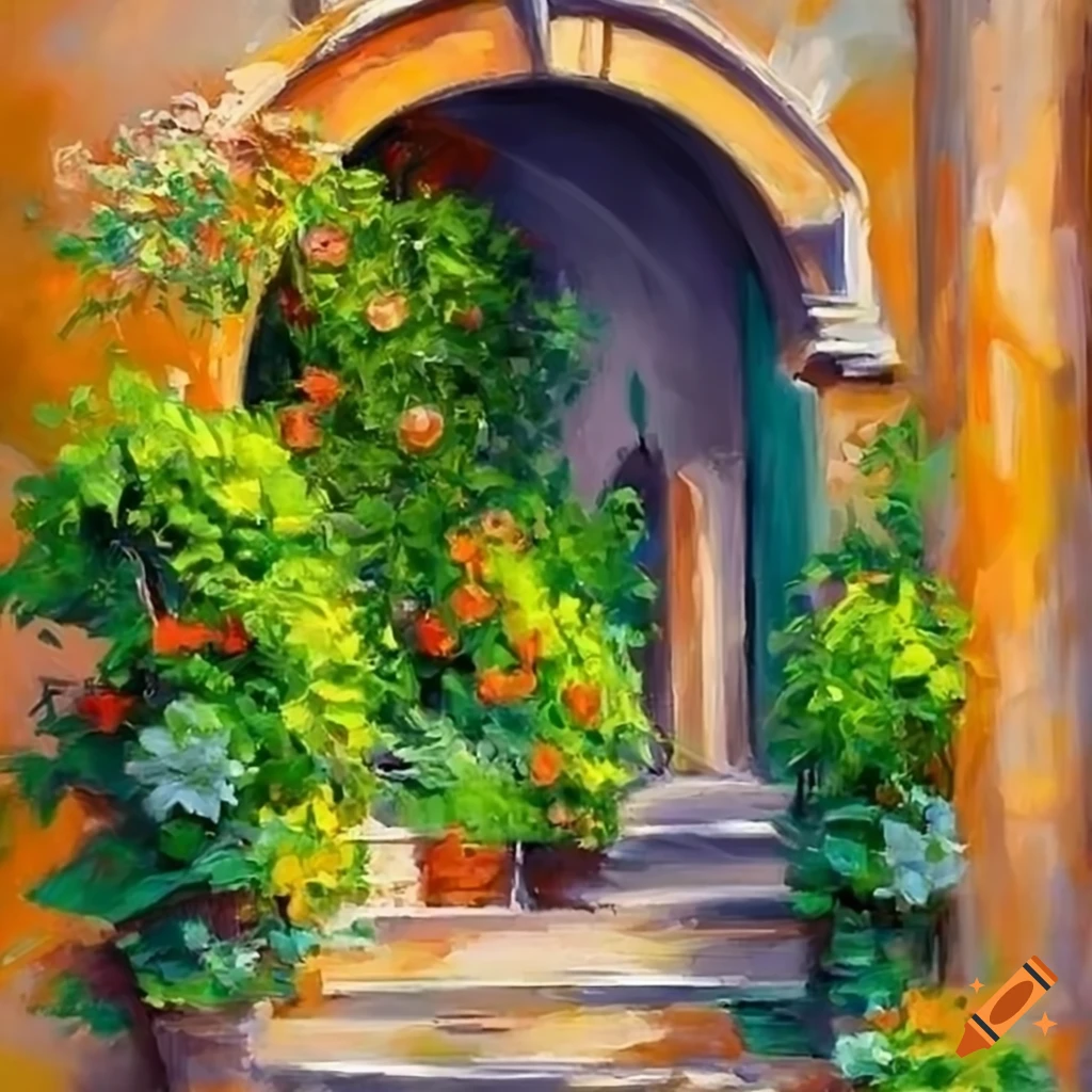 oil painting of a charming Italian house with courtyard