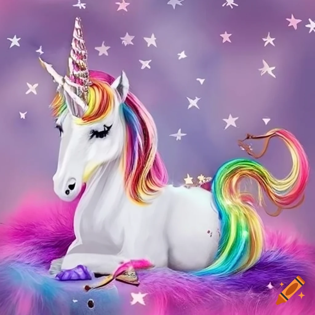 fantasy illustration of a white unicorn with golden horn and rainbow hair