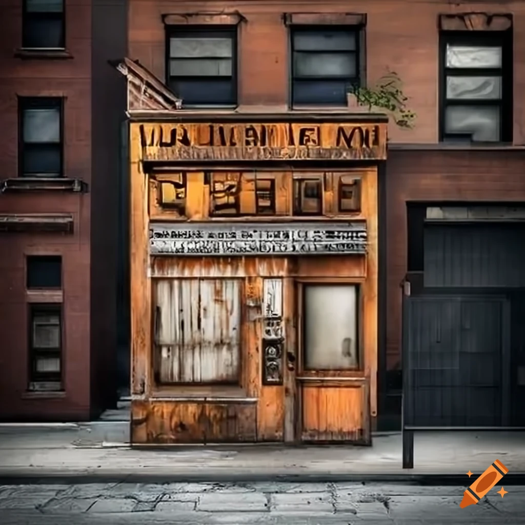 gritty depiction of a weathered storefront facade in an urban environment