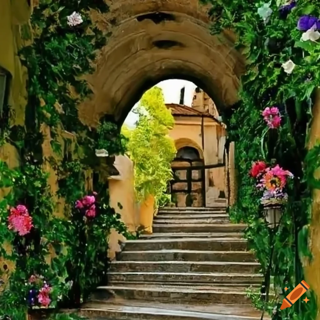 Florentine courtyard with archway and flowers