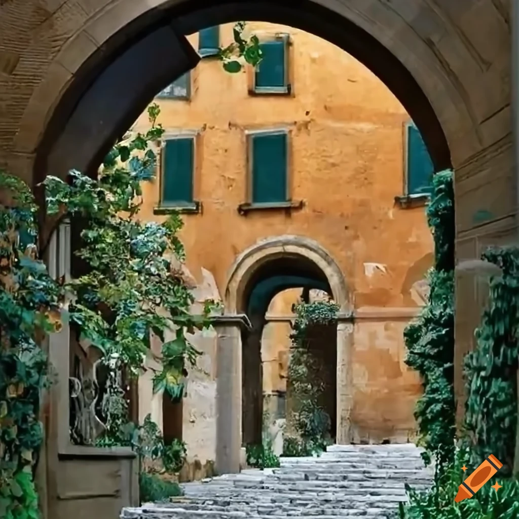 Florentine courtyard with archway and flowers