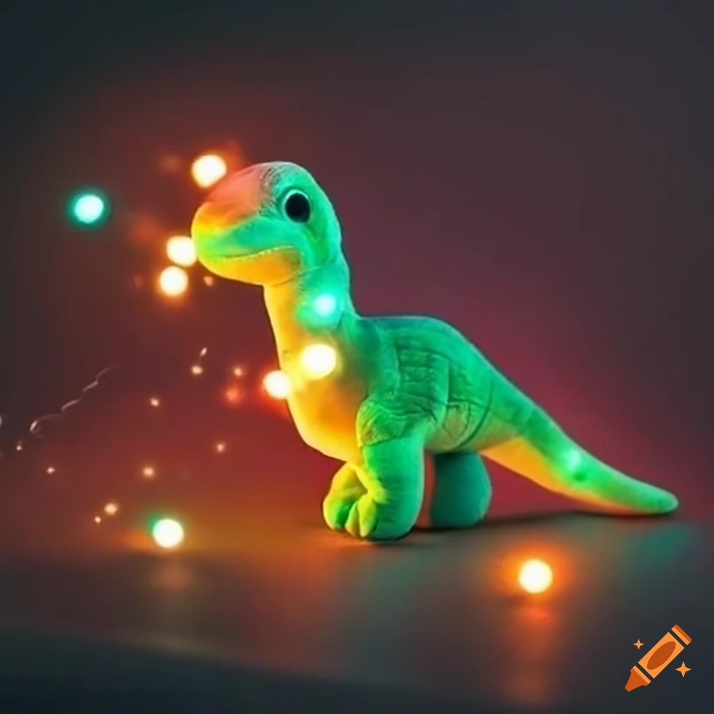 glowing lights background with dinosaur plush