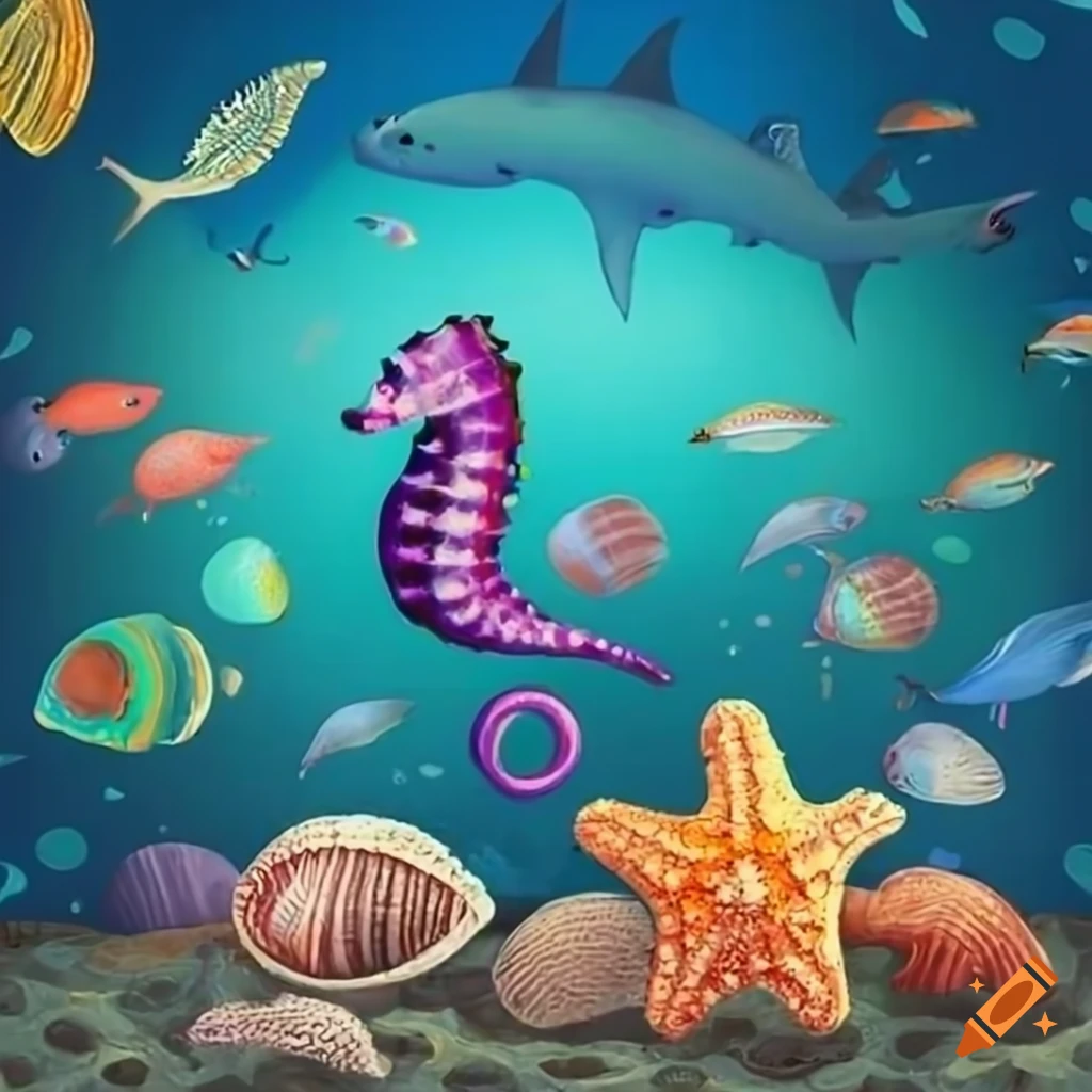 pale underwater scene with seahorse and shark