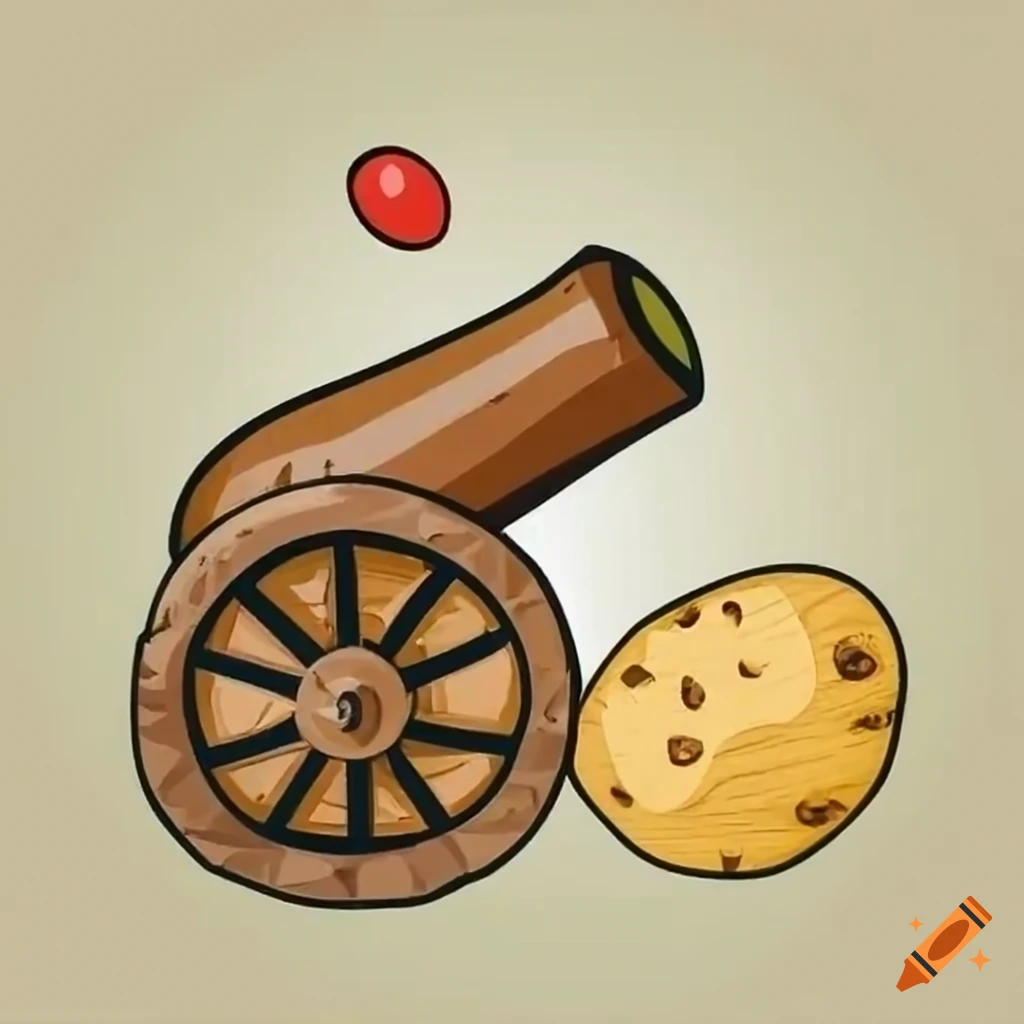 wooden cannon shooting a smiling potato