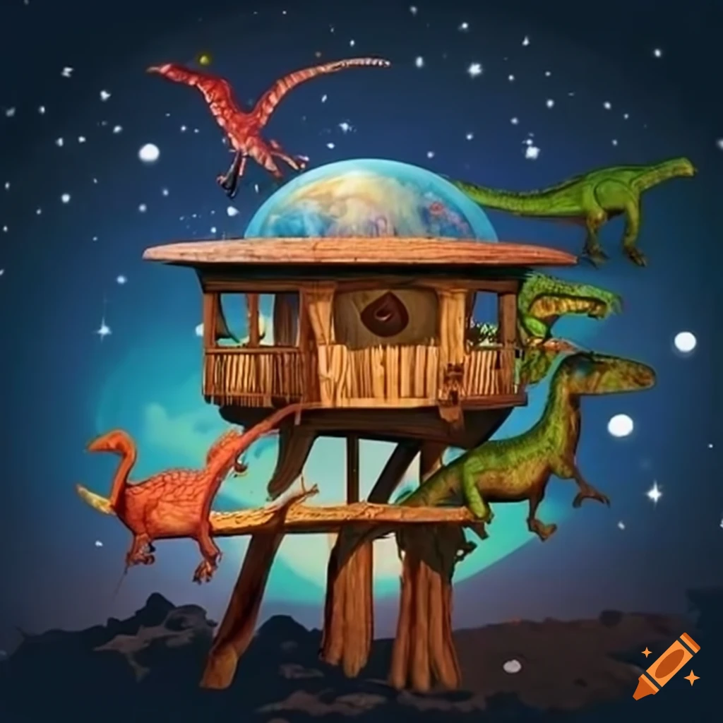fantasy artwork of a treehouse in space with dinosaurs