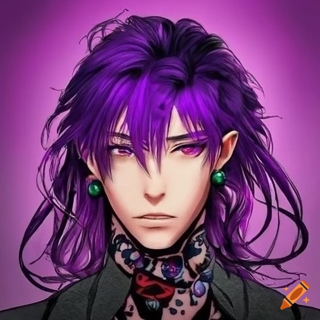 Mexican American male with dyed purple long hair and tattoos