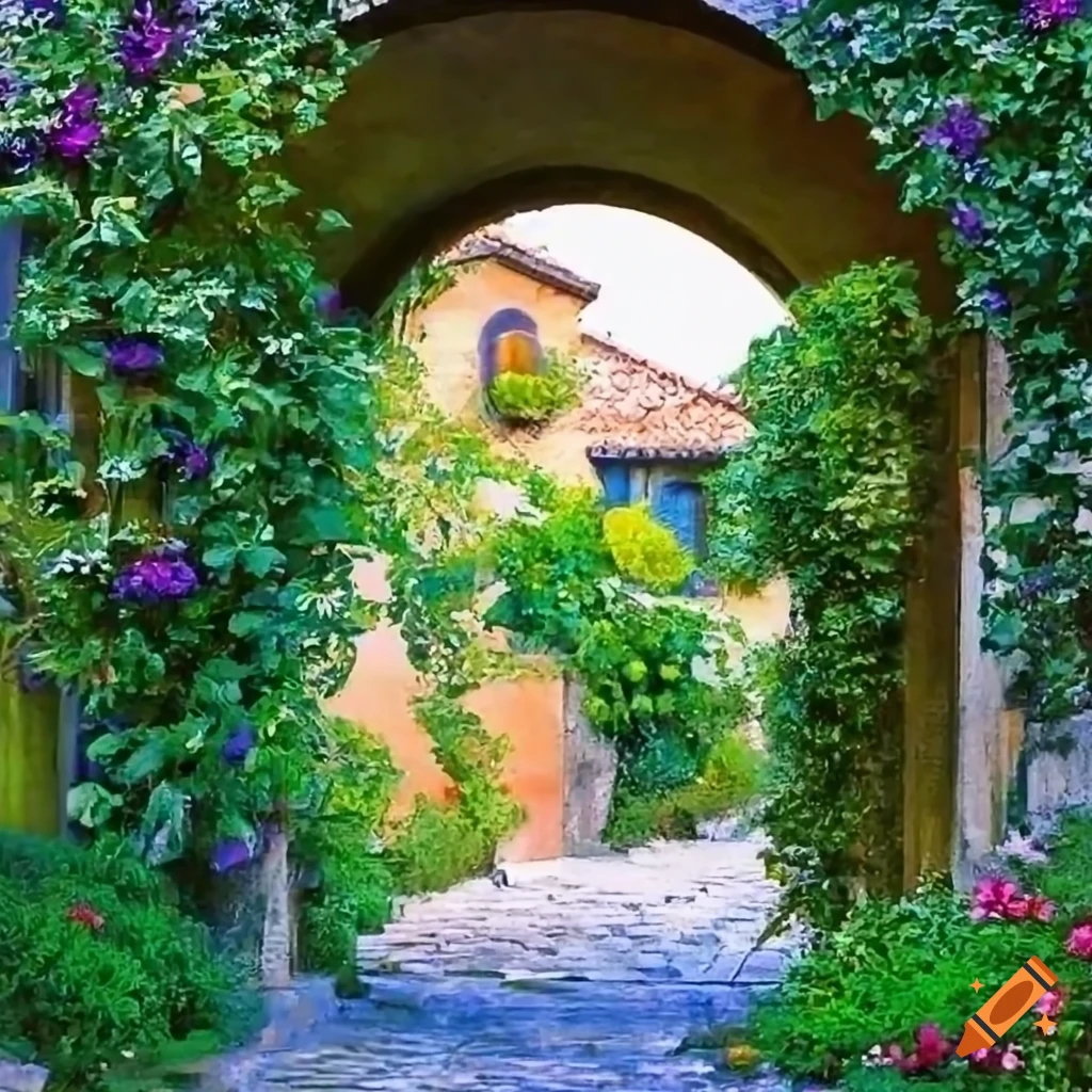 Italian courtyard with flowers and archway