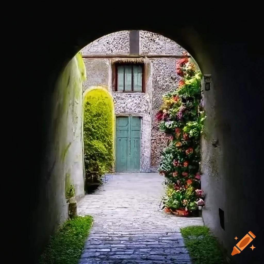 charming Italian courtyard with archway and flowers