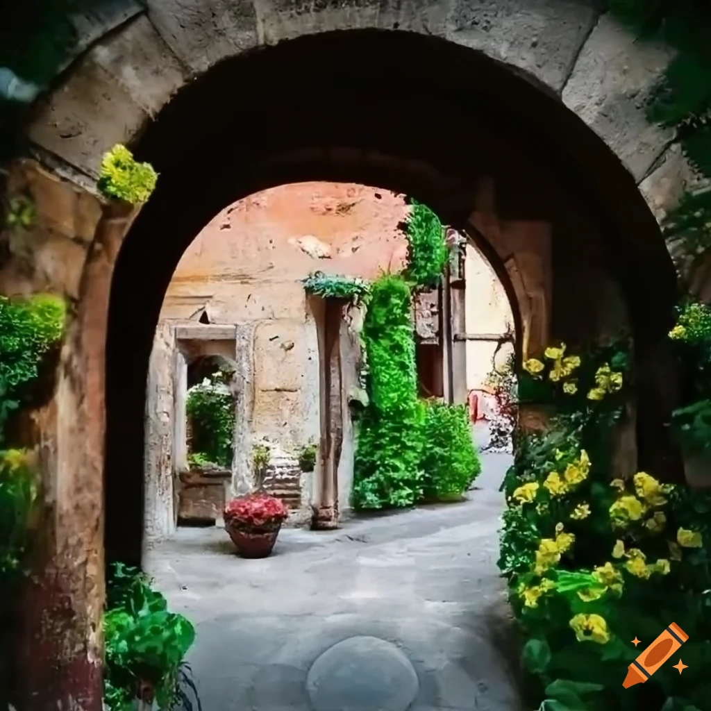 charming Italian courtyard with colorful flowers