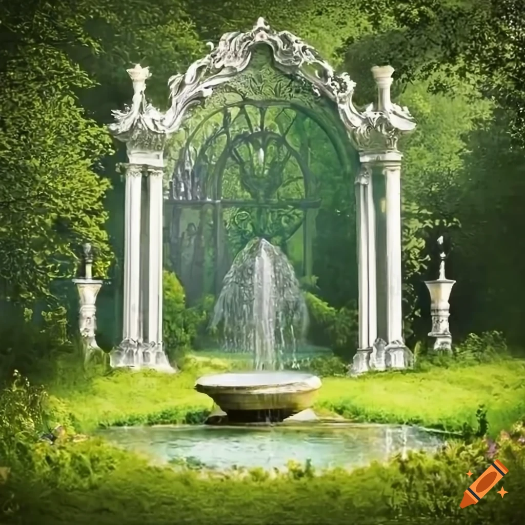 Silver altar and fountain in a leafy park on Craiyon