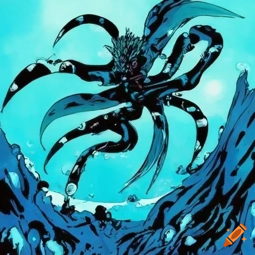 vibrant 90s manga artwork with watery entities