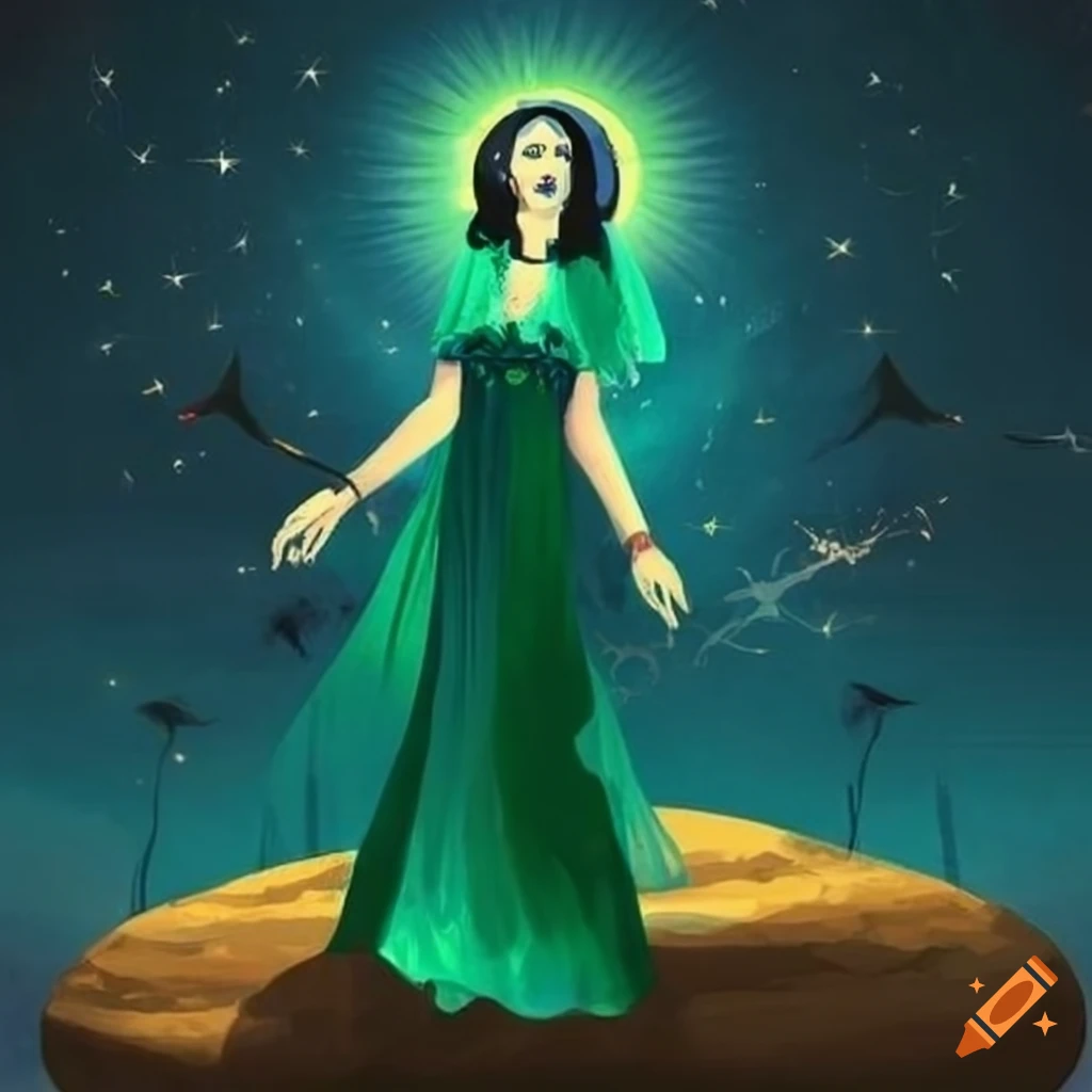 african witch conjuring on a stone in a starlit forest
