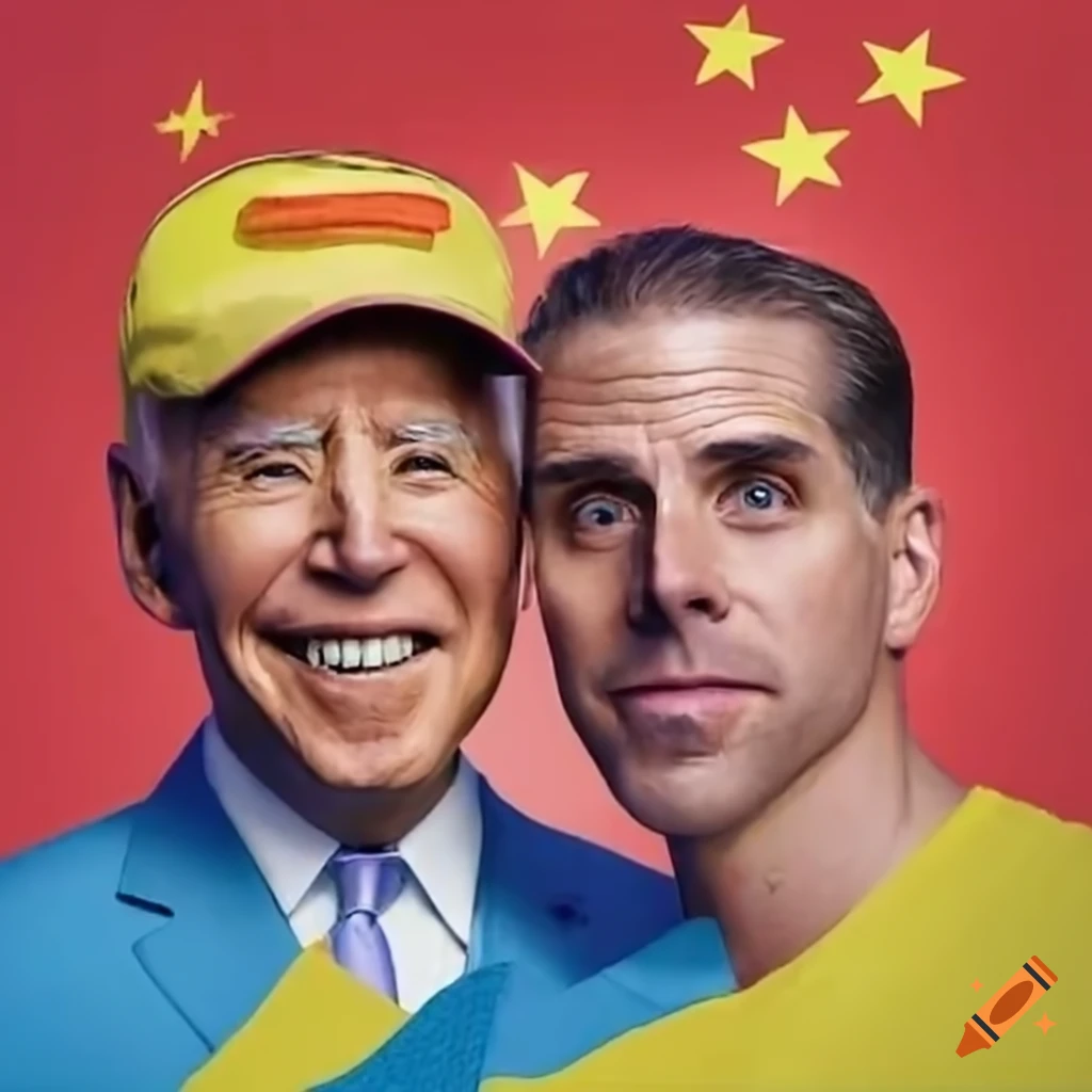 Joe Biden and Hunter Biden posing in front of national flags