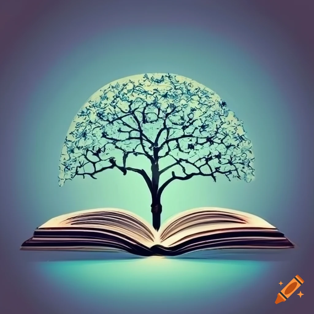 logo of a book with a tree growing from it