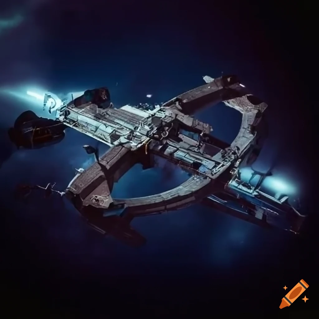 spaceship in the shape of a crossbow in a space station hangar