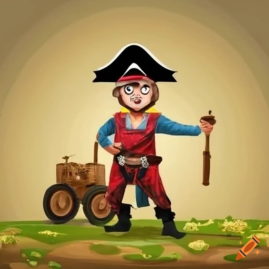 farmer dressed as a pirate riding a pirate-themed tractor