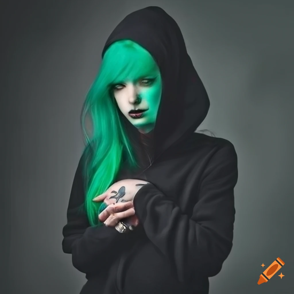 gothic girl in black hoodie with green hair