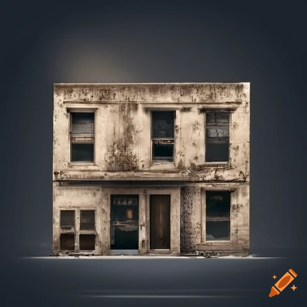 detailed 2D facade of a weathered storefront