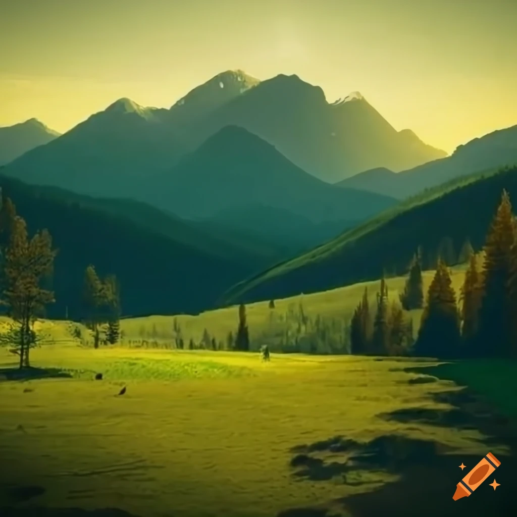 mountain landscape with birds and a tree in a field