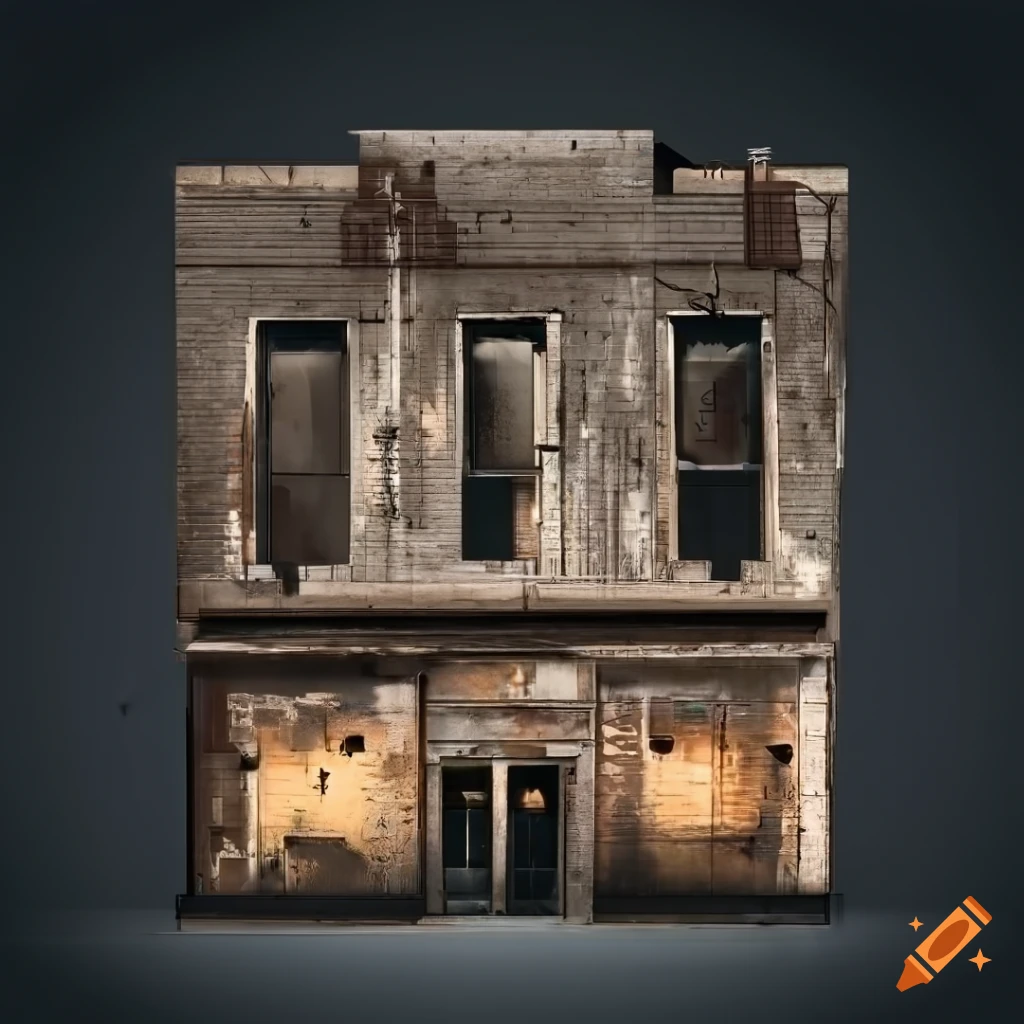 detailed 2D facade of a weathered storefront