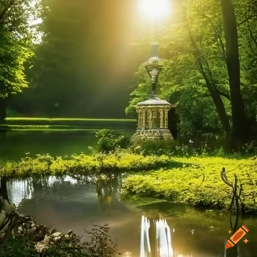 sunlit silver altar with reflections in a park