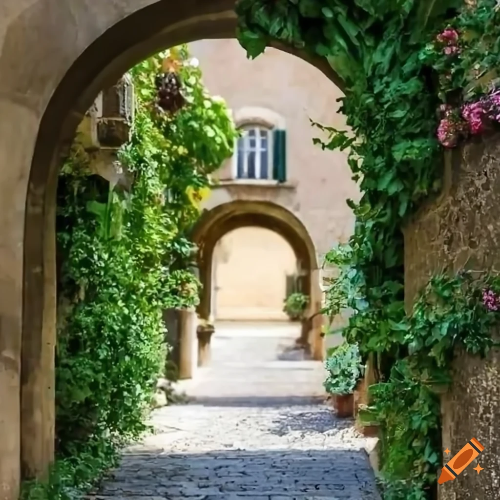 charming Italian courtyard with colorful flowers