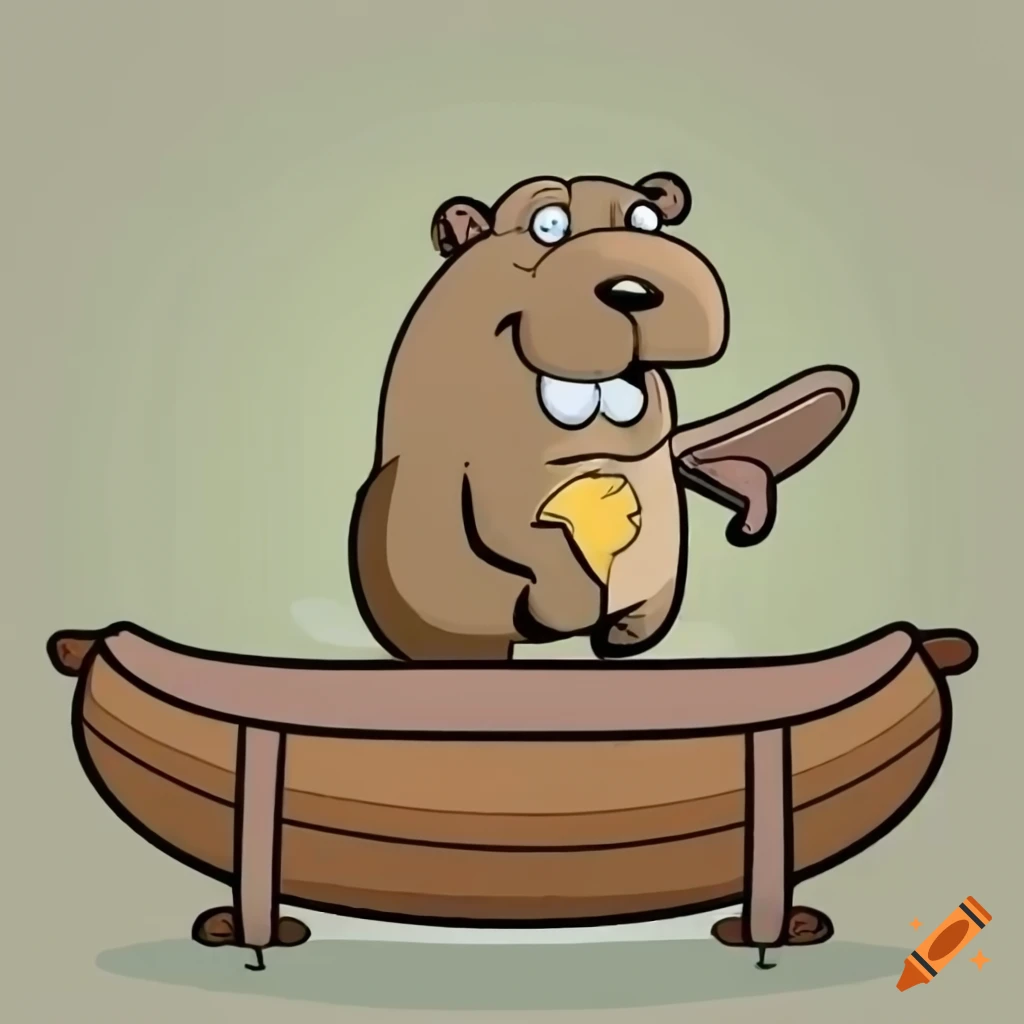 cartoon of a beaver with a wooden canoe
