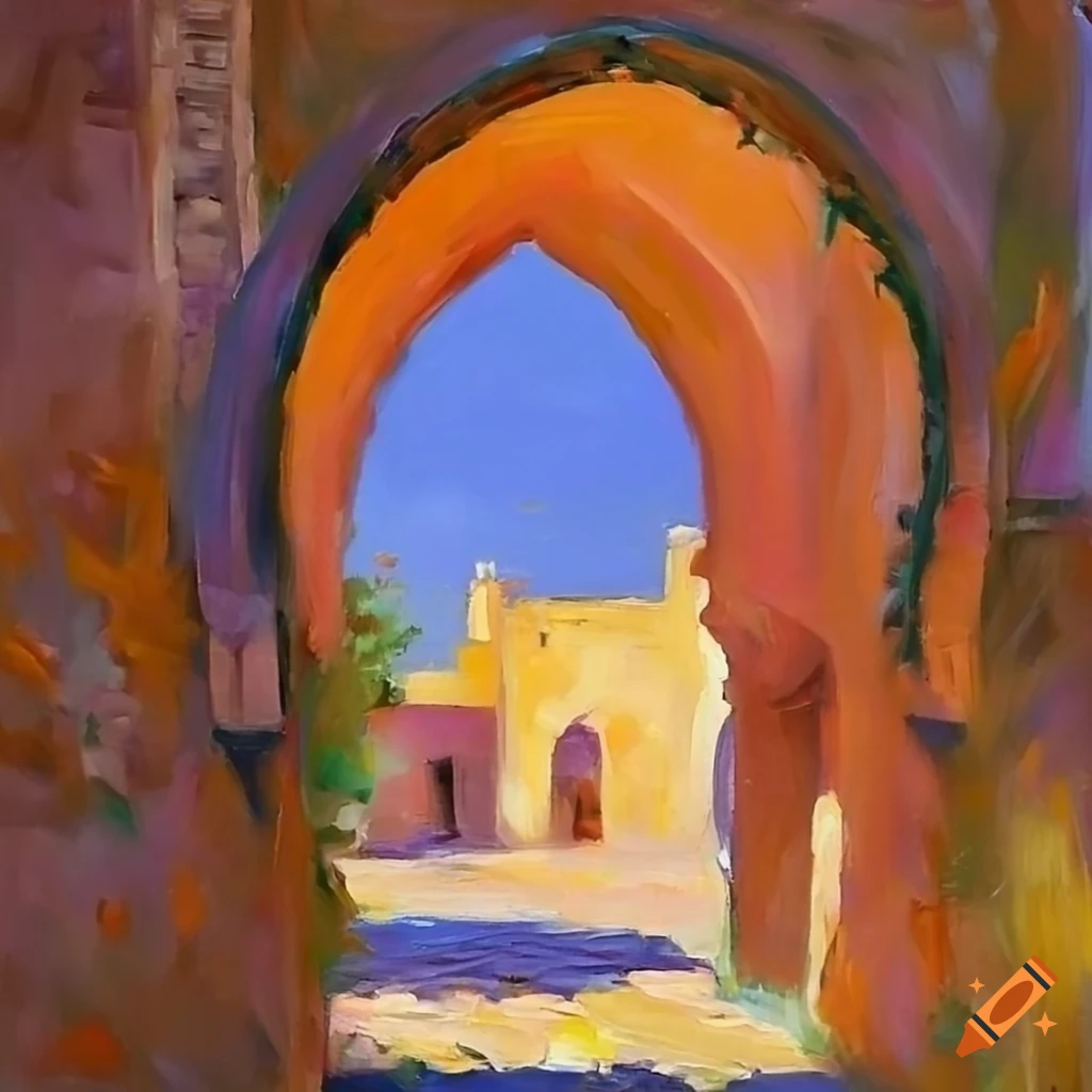 impressionist painting of a quaint Moroccan house with courtyard and flowers